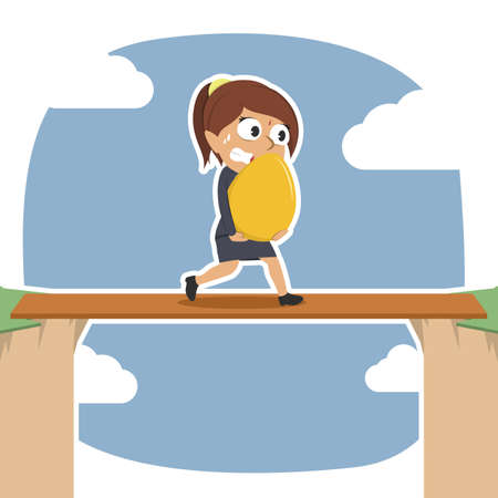Indian businesswoman carrying golden egg on plank between cliffsのイラスト素材