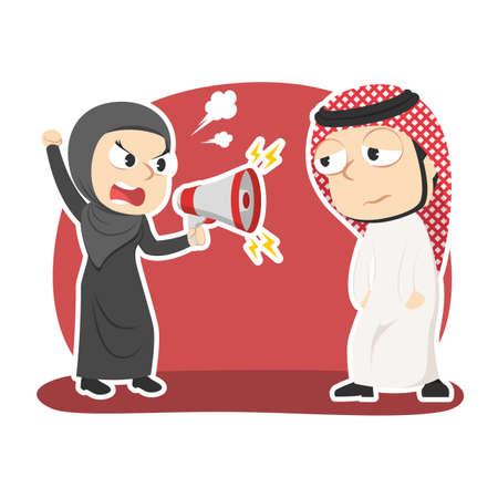 Arabian businesswoman yelling with megaphone to her male employeeのイラスト素材