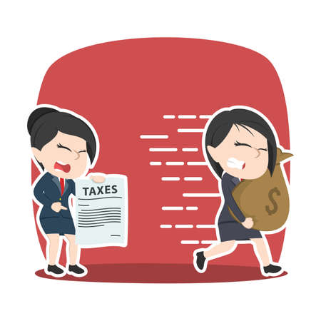Asian businesswoman run away with her money from tax officerのイラスト素材