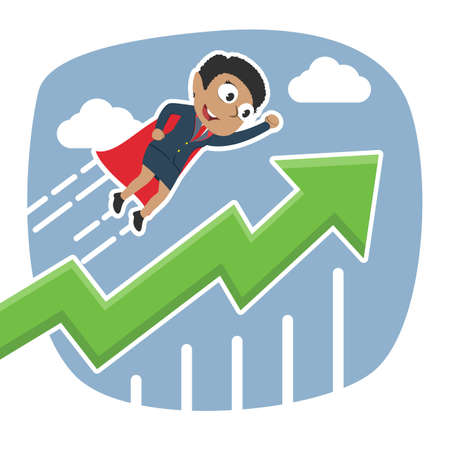 Super african businesswoman flying with raised graphのイラスト素材