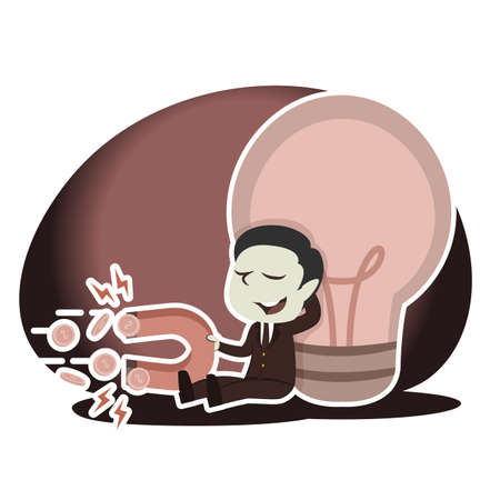 Retro style businessman relaxing beside big bulb and pulling coin by magnetのイラスト素材