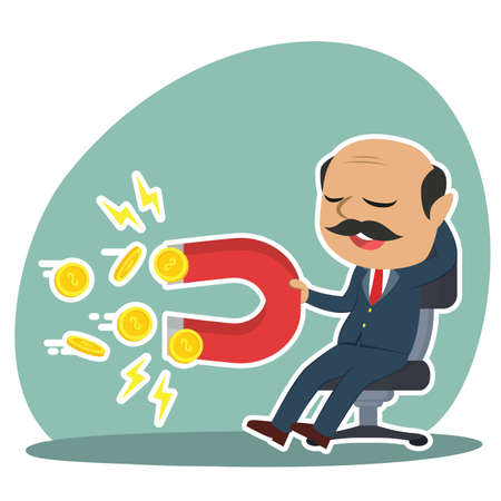 Indian boss relaxing using magnet to attract coinのイラスト素材