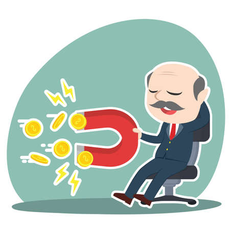 Asian boss relaxing using magnet to attract coinのイラスト素材