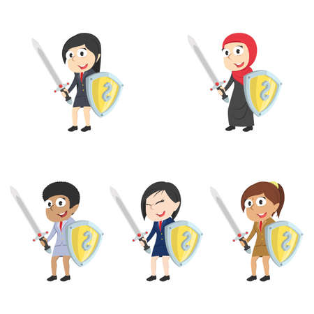 Businesswoman holding money shield and sword.のイラスト素材