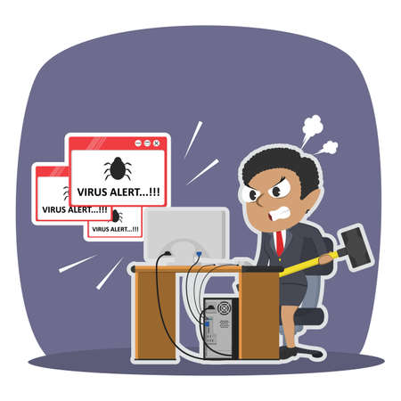 Angry african businesswoman want to break computer because virus illustration designのイラスト素材