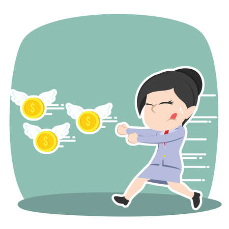 asian businesswoman chasing flying coinのイラスト素材