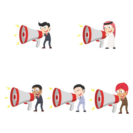 Set of businessmen talking into big megaphone different race setのイラスト素材