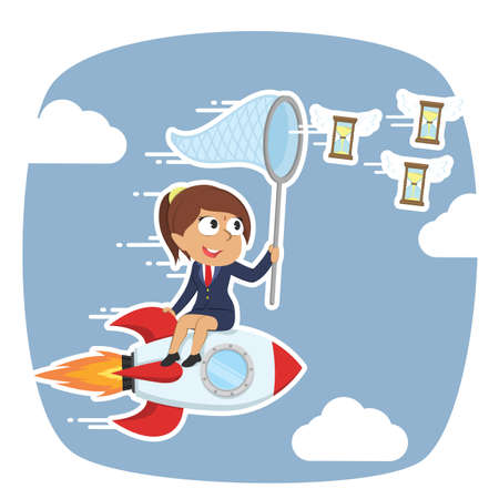 Indian businesswoman on rocket chasing flying hourglassのイラスト素材
