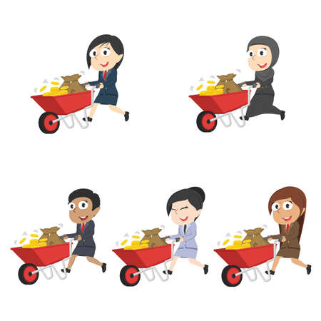 businesswoman pushing wheelbarrow full of coins different race setのイラスト素材