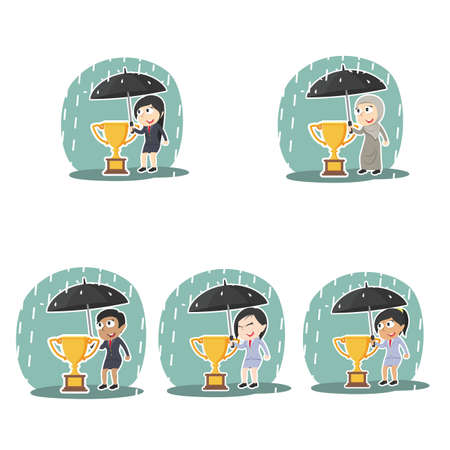 businesswoman protecting his trophy with umbrellaのイラスト素材