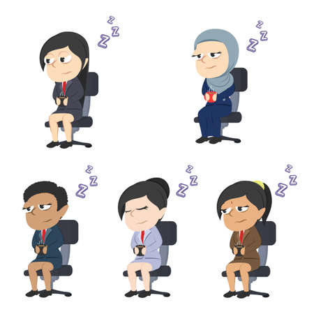 sleepy businesswoman drinking a cup of coffee at night different race setのイラスト素材