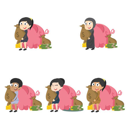 Businesswoman holding money sack behind pig.のイラスト素材