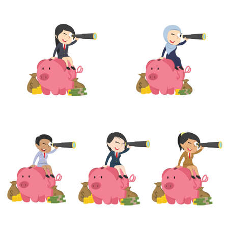 businesswoman is using binocular on piggy bank different race setのイラスト素材