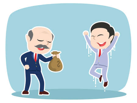 Cartoon illustration of asian boss giving money sack to his male employee conceptのイラスト素材