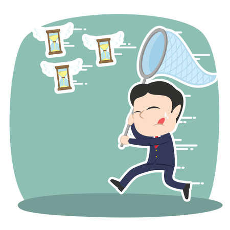 asian businessman trying to catch flying hourglassのイラスト素材