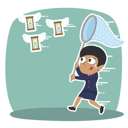 african businesswoman trying to catch flying hourglassのイラスト素材