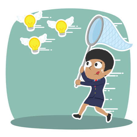 african businesswoman trying to catch flying ideas illustration designのイラスト素材