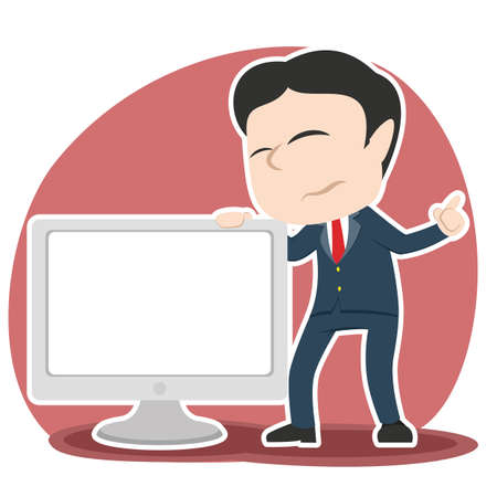 sad asian businessman presenting big blank monitorのイラスト素材