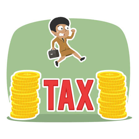 African businesswoman jumping between pile of coins.のイラスト素材