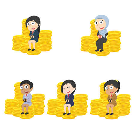 Businesswomen drinking coffee on coins, different races setのイラスト素材