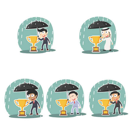 businessman protecting his trophy with umbrella different race setのイラスト素材