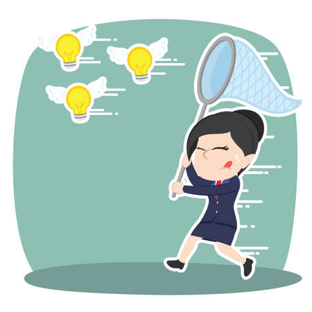 Asian businesswoman trying to catch flying ideasのイラスト素材