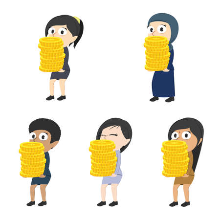businesswoman holding pile of coins different race setのイラスト素材