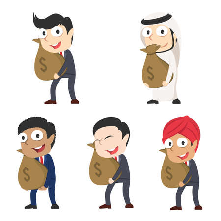 businessman holding money sack different race setのイラスト素材
