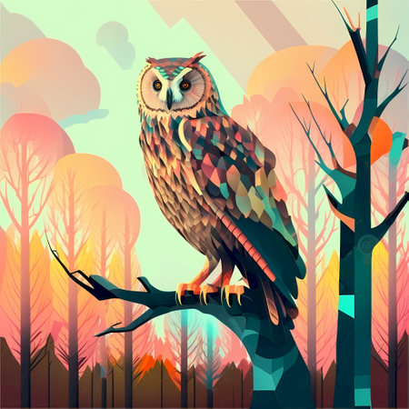 Owl sitting on a tree in the forest. Vector illustration.の素材