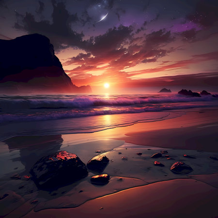 Beautiful seascape at sunset. 3d render digital illustrationの素材