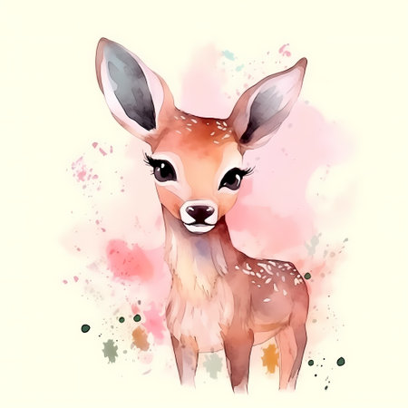 Watercolor portrait of a cute little deer on a watercolor backgroundの素材