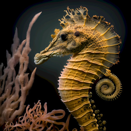 Seahorse and corals on a black background. 3d renderingの素材