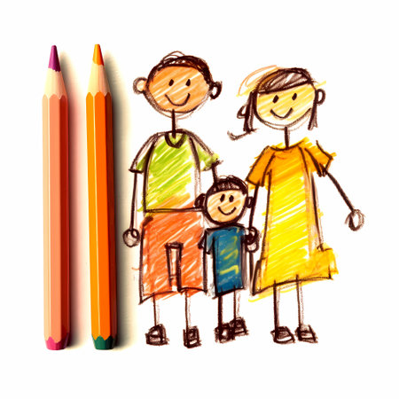 Illustration of happy family with pencils on a white background.の素材