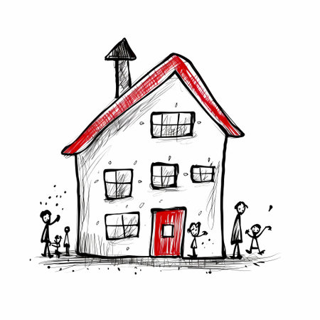 Cartoon doodle drawing of family house. Vector illustration.の素材