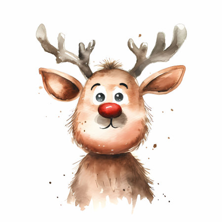 Cute reindeer with red nose. Watercolor illustration.の素材