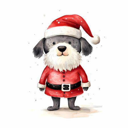 Christmas dog in Santa Claus costume. Watercolor illustration isolated on white backgroundの素材