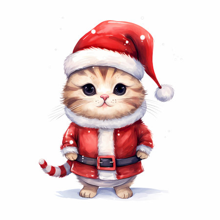 Cute cat in Santa Claus costume. Watercolor illustration on white background.の素材