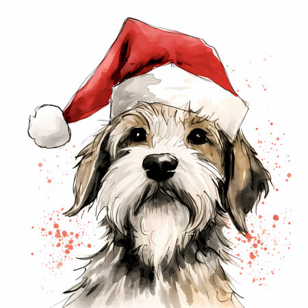 Hand drawn portrait of a dog in a Santa Claus hat. Vector illustration.の素材