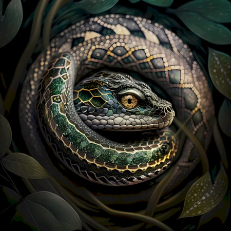 3D rendering of a fantasy snake with a green and yellow patternの素材