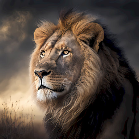 Lion in the wild, digital painting of a male lion.の素材