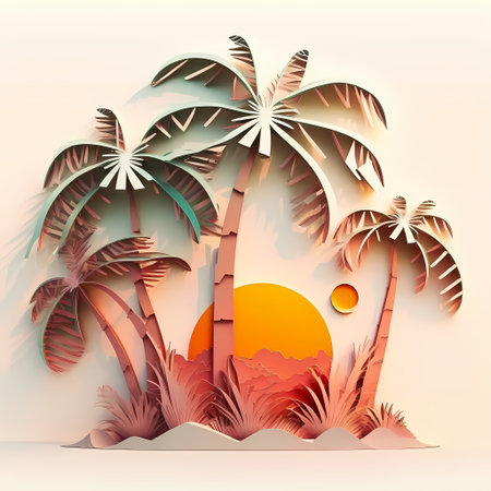 Tropical island with palm trees and sun in paper cut style. Vector illustration.の素材