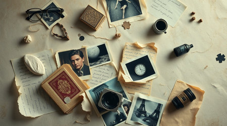 Vintage photo album with old photos, retro camera and coffee cup on paper background