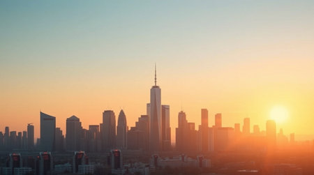 Shanghai skyline at sunrise, China. Panoramic view.