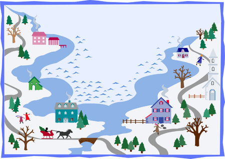 New year christmas rural village scenery cottages and trees in snow flat cartoon design vectorのイラスト素材