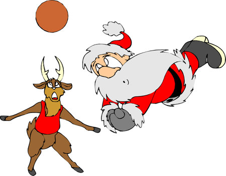sporty Deer, reindeer, or elk and Santa Claus characters playing sports games. Funny comic hand-drawn cartoon vector illustration. merry Christmas.のイラスト素材