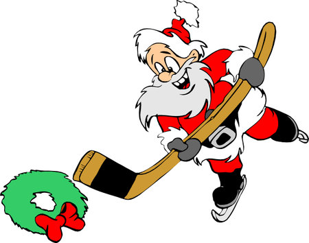 Santa Claus is playing hockey. Funny comic hand-drawn cartoon vector illustration.のイラスト素材