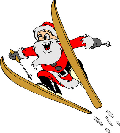 Santa Claus carries gifts on skates. Funny comic hand-drawn cartoon vector illustration.のイラスト素材