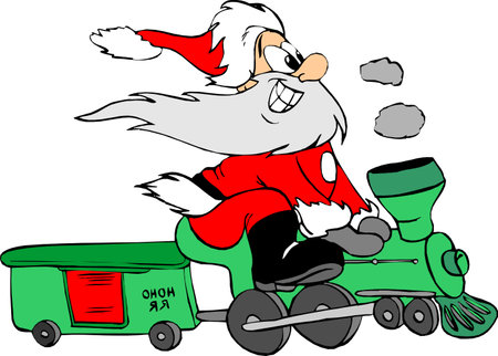 cute Santa Claus ride train. Funny comic hand-drawn cartoon vector illustration.のイラスト素材