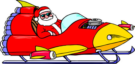 Santa Claus riding on sled with gift box against snow falling on fir tree forest. Funny comic hand-drawn cartoon vector illustration.のイラスト素材