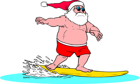 Surfing Santa. Santa Claus Surfs on his Surf Board while on a Beautiful Beachのイラスト素材